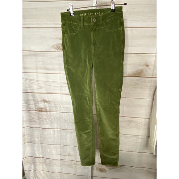 American Eagle Women's 00 Short Green Corduroy Stretch Ankle Pants Trousers - Picture 1 of 7